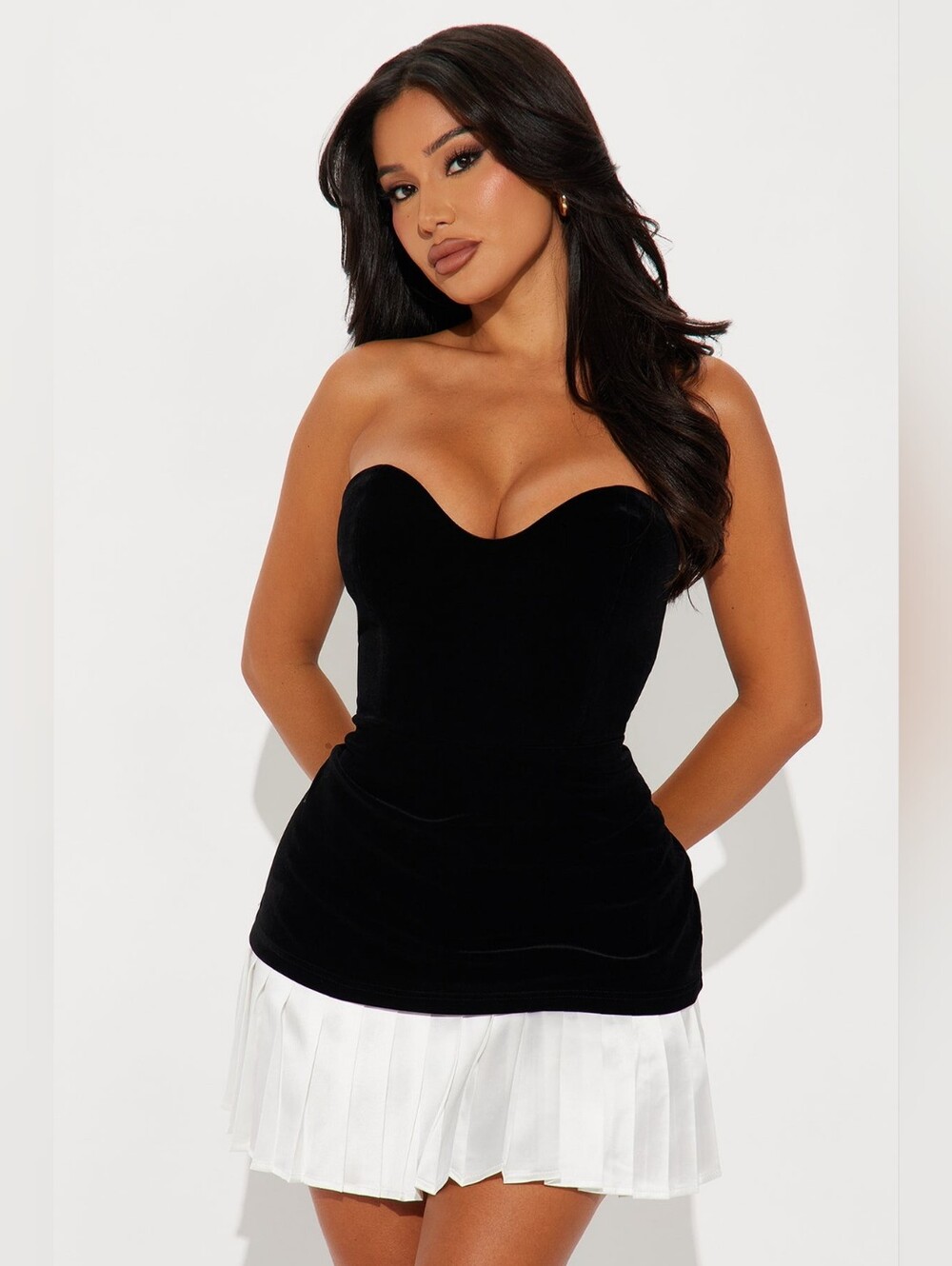 Fashion Nova Strapless Black Bodice with White Pleated Hem Mini Dress